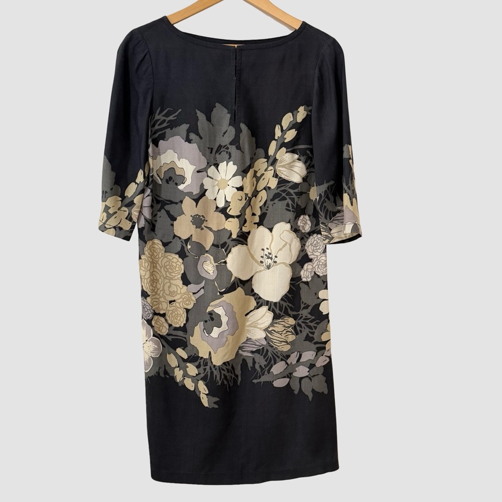 Tory Burch Gray Silk Floral Print 3/4 Sleeve Boat Neck Dress Sz 6